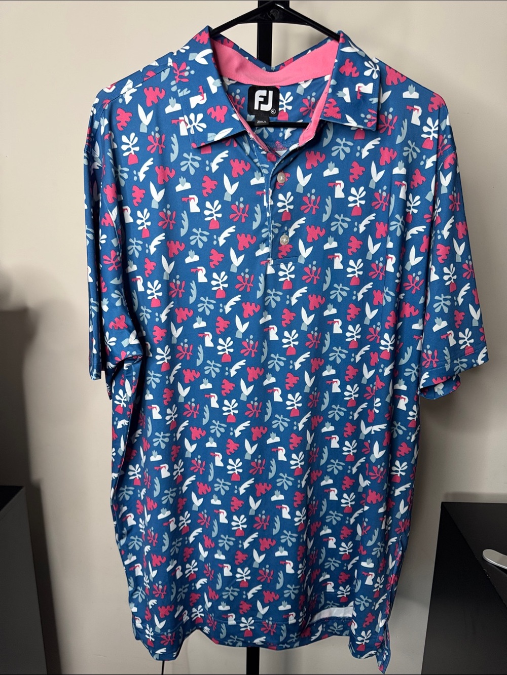 FootJoy Blue Polo with Pink and White Floral Pattern